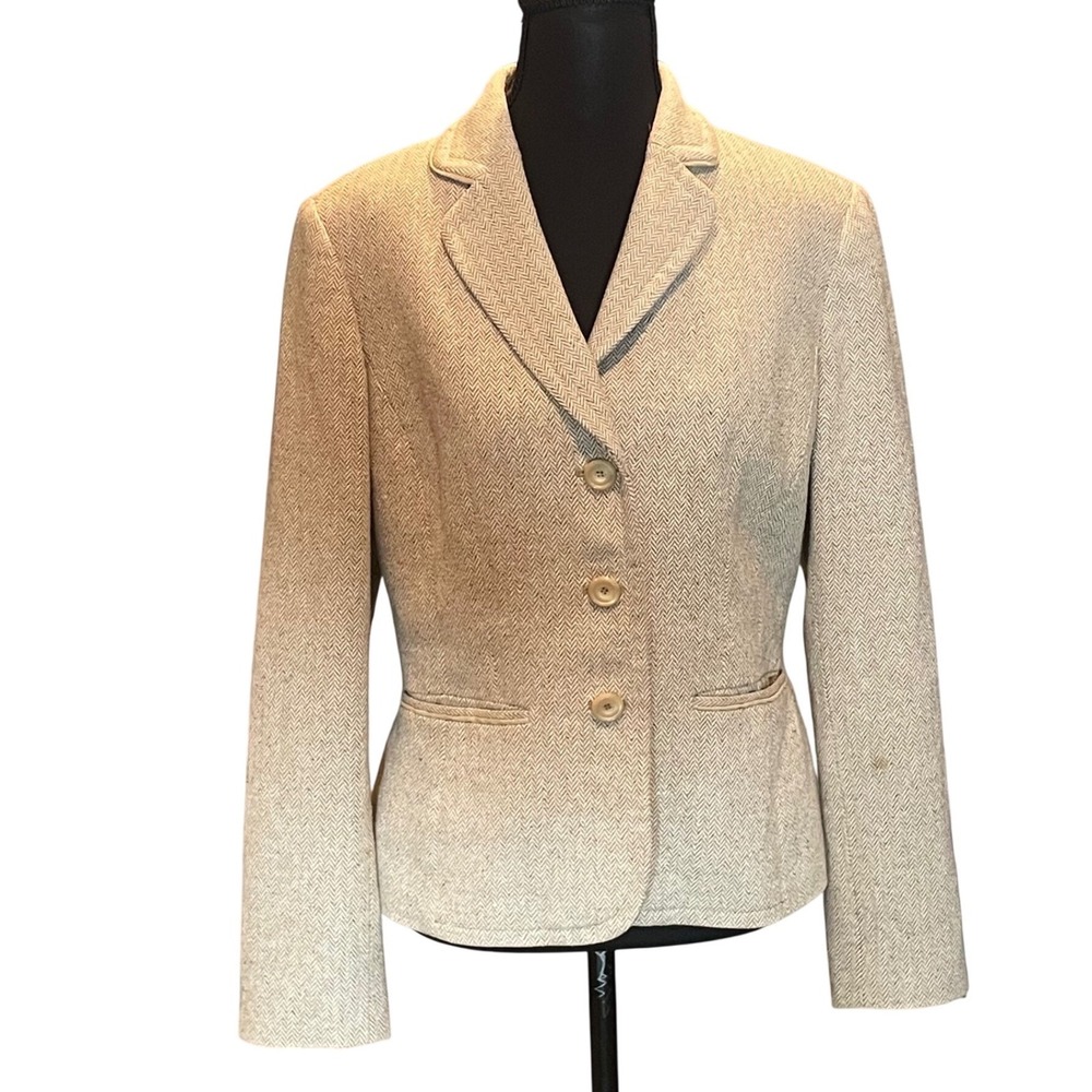 Casual Corner Wool Silk Herringbone Blazer Tan Brown 3-Button Jacket 8 Academia